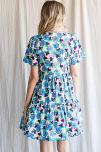 Blue Mix Flower Print Tiered Dress