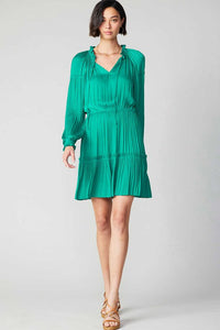Teal LSLV Midi Dress W/Elastic Waist & Pleats