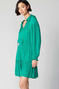Teal LSLV Midi Dress W/Elastic Waist & Pleats