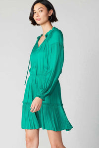Teal LSLV Midi Dress W/Elastic Waist & Pleats