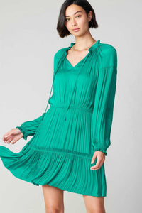 Teal LSLV Midi Dress W/Elastic Waist & Pleats