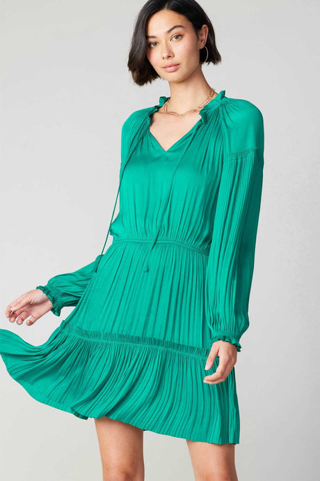 Teal LSLV Midi Dress W/Elastic Waist & Pleats