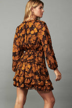 Brown Orange Floral LSLV V Neck Mini Dress W/Ruffled Picot Stitches