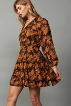 Brown Orange Floral LSLV V Neck Mini Dress W/Ruffled Picot Stitches