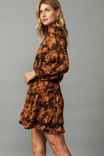Brown Orange Floral LSLV V Neck Mini Dress W/Ruffled Picot Stitches