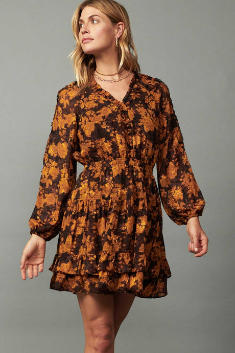 Brown Orange Floral LSLV V Neck Mini Dress W/Ruffled Picot Stitches