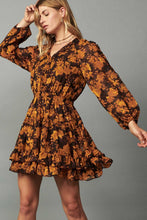 Brown Orange Floral LSLV V Neck Mini Dress W/Ruffled Picot Stitches