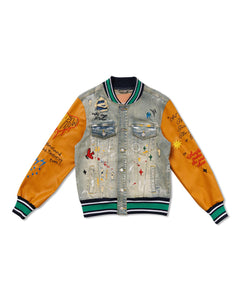 Light Stone Tint All Over Embroidered Varsity Denim Jacket