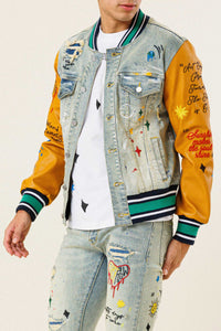 Light Stone Tint All Over Embroidered Varsity Denim Jacket