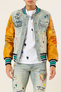 Light Stone Tint All Over Embroidered Varsity Denim Jacket