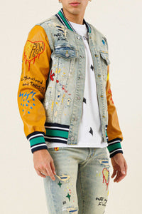 Light Stone Tint All Over Embroidered Varsity Denim Jacket