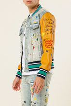 Light Stone Tint All Over Embroidered Varsity Denim Jacket