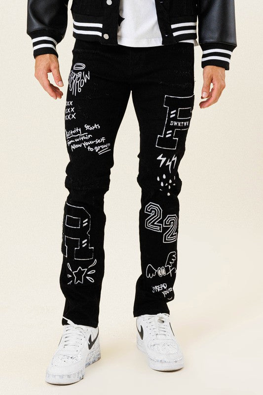 Black Multi Patch Slim Fit Black Denim Pants