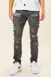 Dark Stone Tint Multi Cargo Pocket Slim Fit Denim Pants