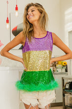 Mustard Mardi Gras Color Block Faux Feather Hem Sequin Top