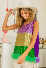 Mustard Mardi Gras Color Block Faux Feather Hem Sequin Top