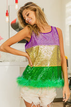 Mustard Mardi Gras Color Block Faux Feather Hem Sequin Top