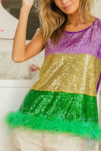 Mustard Mardi Gras Color Block Faux Feather Hem Sequin Top