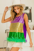 Mustard Mardi Gras Color Block Faux Feather Hem Sequin Top