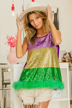 Mustard Mardi Gras Color Block Faux Feather Hem Sequin Top