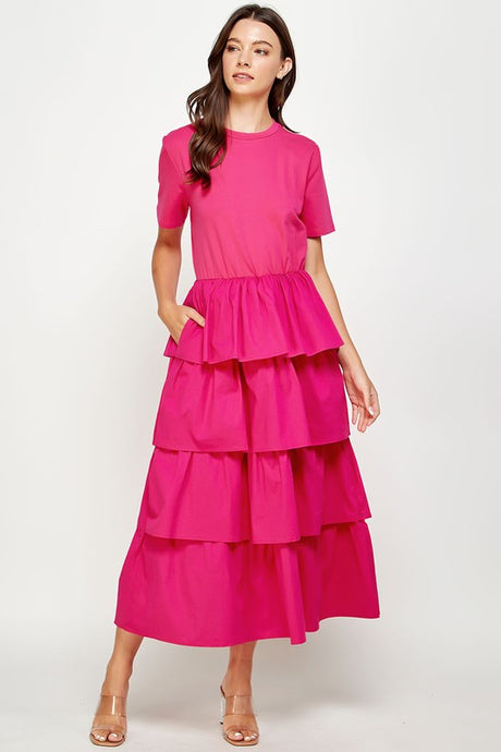 Fuchsia Knit Dress with Poplin Tiered Skirt