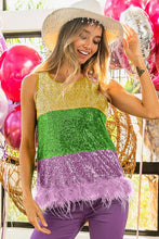 Mustard Mardi Gras Color Block Faux Feather Hem Sequin Top