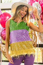 Mustard Mardi Gras Color Block Faux Feather Hem Sequin Top