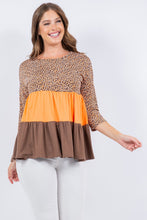 Brown-Orange Animal Print Color Block Tunic Top With 3/4 Sleeves