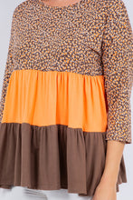 Brown-Orange Animal Print Color Block Tunic Top With 3/4 Sleeves