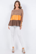 Brown-Orange Animal Print Color Block Tunic Top With 3/4 Sleeves