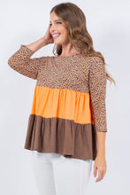 Brown-Orange Animal Print Color Block Tunic Top With 3/4 Sleeves