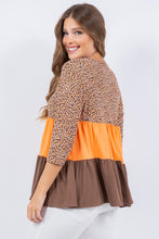 Brown-Orange Animal Print Color Block Tunic Top With 3/4 Sleeves