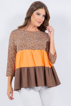 Brown-Orange Animal Print Color Block Tunic Top With 3/4 Sleeves