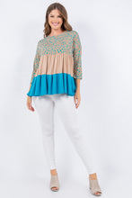 Taupe/Blue Animal Print Color Block Tunic Top With 3/4 Sleeves