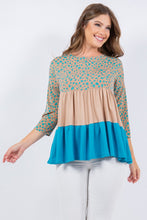 Taupe/Blue Animal Print Color Block Tunic Top With 3/4 Sleeves