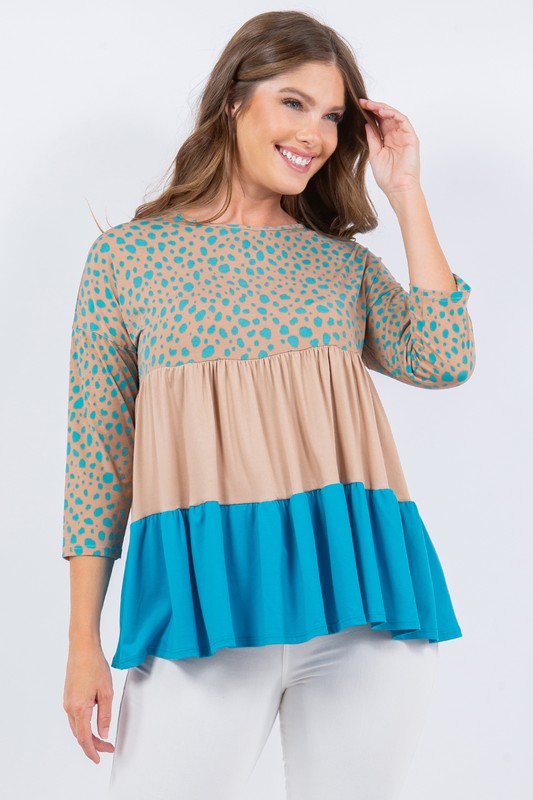 Taupe/Blue Animal Print Color Block Tunic Top With 3/4 Sleeves