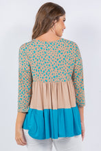 Taupe/Blue Animal Print Color Block Tunic Top With 3/4 Sleeves