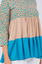 Taupe/Blue Animal Print Color Block Tunic Top With 3/4 Sleeves