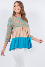 Taupe/Blue Animal Print Color Block Tunic Top With 3/4 Sleeves