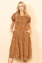 Copper Smocked Chest Puff Sleeves Tiered Midi Dress