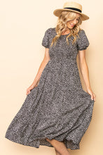 Black Smocked Chest Puff Sleeves Tiered Midi Dress