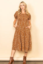Copper Smocked Chest Puff Sleeves Tiered Midi Dress