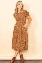 Copper Smocked Chest Puff Sleeves Tiered Midi Dress