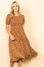Copper Smocked Chest Puff Sleeves Tiered Midi Dress