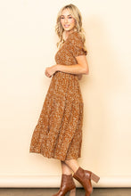 Copper Smocked Chest Puff Sleeves Tiered Midi Dress