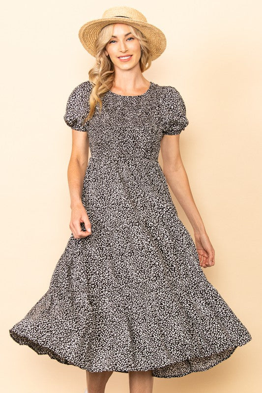 Black Smocked Chest Puff Sleeves Tiered Midi Dress