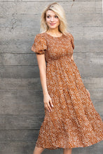 Copper Smocked Chest Puff Sleeves Tiered Midi Dress