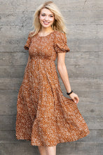 Copper Smocked Chest Puff Sleeves Tiered Midi Dress
