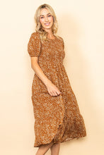 Copper Smocked Chest Puff Sleeves Tiered Midi Dress