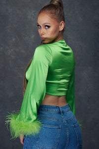 Neon Green Feather Trim Long Sleeve Blouse
